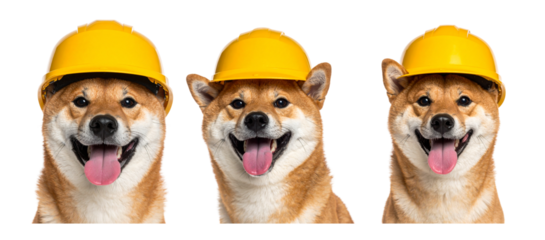 Three Shiba Inu dogs with yellow construction hats, smiling with tongues out isolated on a transparent background.