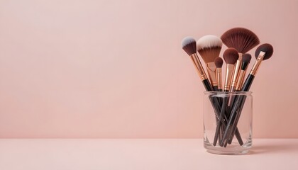 Elegant collection of makeup brushes in glass jar on soft pink backdrop create a stunning and professional aesthetic for cosmetic promotion or tutorial