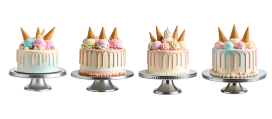 Four decorated cakes, each on a silver stand, with ice cream and cone toppers, creamy frosting isolated on a transparent background.