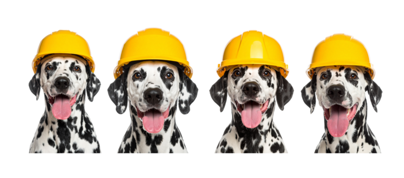 Four Dalmatian dogs wearing yellow construction hats, each with their tongue sticking out isolated on a transparent background.
