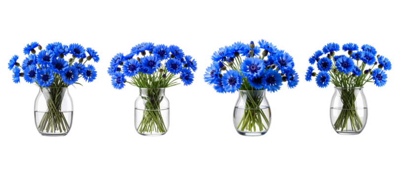 Four vases hold vibrant blue flowers. Green stems and leaves are visible in the transparent jars isolated on a transparent background.