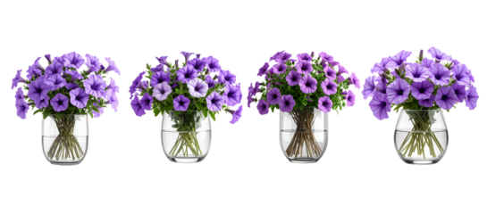 Four bouquets of purple flowers with green foliage, arranged in clear glass vases isolated on a transparent background.