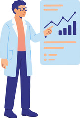 Confident scientist presenting positive research results on data chart in modern lab environment