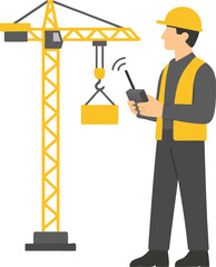 Construction worker operating crane with remote control at building site, modern vector art