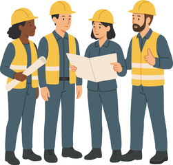 Diverse construction team planning project, collaboration, safety first, building a better future together