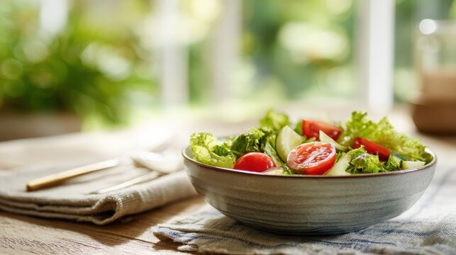 Salad in Bowl with Cutlery on Table - Powered by Adobe