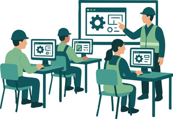 Construction workers training on computers in a modern classroom setting, enhancing skills and teamwork
