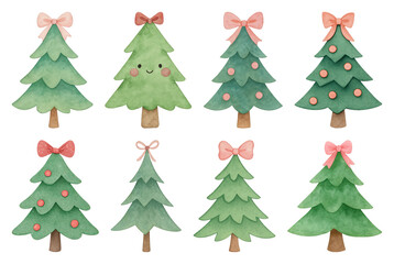 PNG Charming watercolor Christmas trees illustration, element set on transparent background