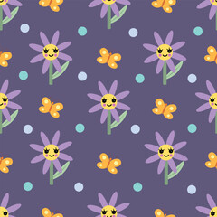 Purple flowers with butterfly seamless pattern. Vector Illustration for printing, background, cover and packaging. Image can be used for greeting card, poster and textile. Isolated on dark background.