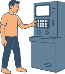 Man interacting with touch screen kiosk for information access in modern interface design