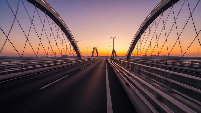 A scenic bridge at sunset with elegant arches and road lines under an orange and purple sky