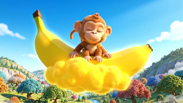 happy cartoon monkey floating banana dream landscape