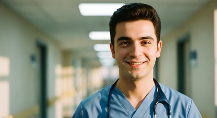 A young, confident male doctor in blue scrubs smiles warmly, standing in a bright hospital corridor, ready to provide compassionate healthcare and professional medical assistance