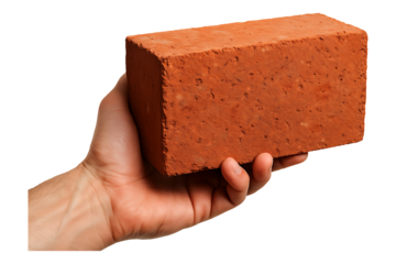 Red Clay Brick Held by Hand Isolated on a Transparent Background