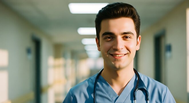 A young, confident male doctor in blue scrubs smiles warmly, standing in a bright hospital corridor, ready to provide compassionate healthcare and professional medical assistance