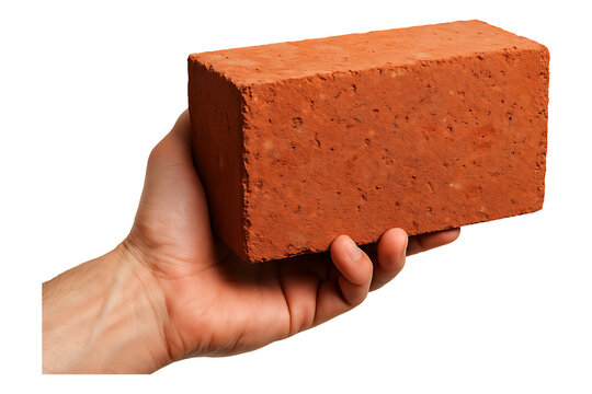 Red Clay Brick Held by Hand Isolated on a Transparent Background