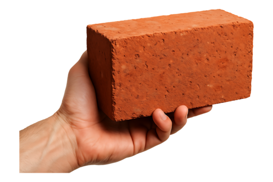 Red Clay Brick Held by Hand Isolated on a Transparent Background