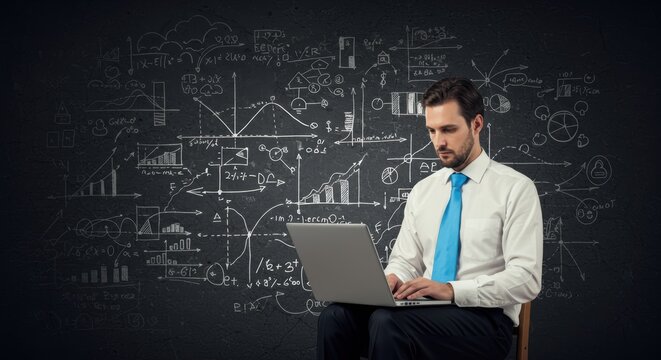 Man analyzes data on laptop against a backdrop of graphs and charts depicting business intelligence and complex calculations strategy