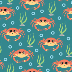 Crab seamless pattern. Vector Illustration for printing, backgrounds, covers and packaging. Image can be used for greeting cards, posters, stickers and textile. Isolated on green background.