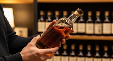 Person holding a bottle of amber liquid in a liquor store aisle with shelves of bottles