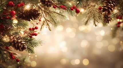 Evergreen boughs adorned with festive pinecones and bright red berries frame a warm, glowing background
