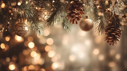 Ornaments and pinecones adorn evergreen branches against a background of warm, diffused lights.