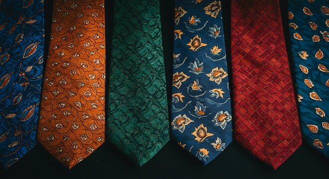 A vibrant collection of colorful patterned neckties hanging neatly in a row, showcasing various designs and textures.