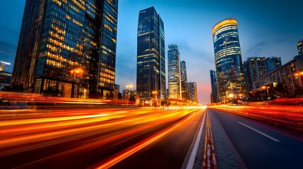 Illuminated modern skyscrapers tower over a busy highway exhibiting vibrant light trails during twilight