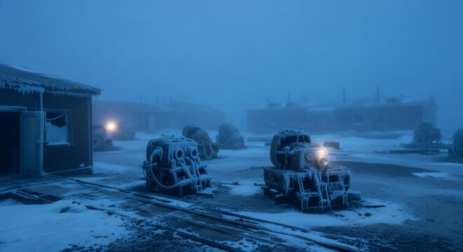 Abandoned structures and frozen machinery in a desolate, foggy landscape. Bleak winter scene with mystery and an eerie, cold atmosphere for science fiction.
