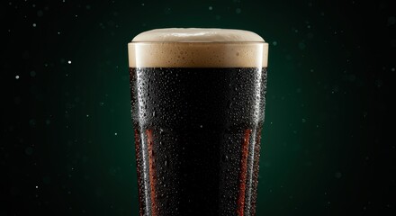 Refreshing dark beer in a glass with water droplets against a moody dark green background perfect for st patricks day celebration