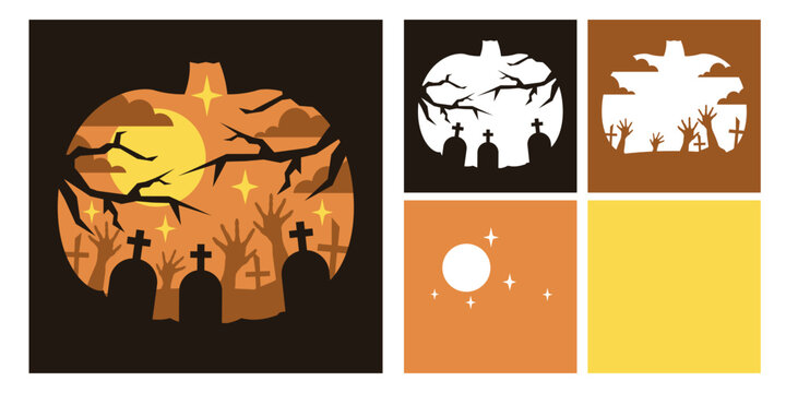 Vector layered paper cut Halloween night design with pumpkin shape. 3D shadow box or tunnel card. Spooky autumn holiday template for paper cutting