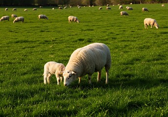 Fototapeta premium A Mother Sheep and Her Lamb Grazing in a Lush Green Field Under the Warm Sun.