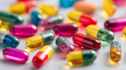 Numerous colorful gelatin capsules are scattered across a bright white surface