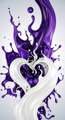 Vibrant Purple & White Liquid Splash Forming Heart: Dynamic Fluid Art, Love, Freshness, Motion Abstract Background
