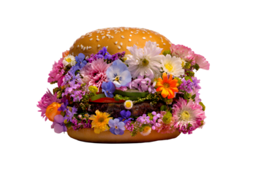 Appetizing burger with flowers on a transparent background for designers, marketers and IT professionals. Popular illustration, object, texture. Food, flowers, natural space for text.