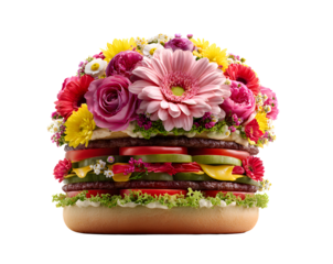 Appetizing burger with flowers on a transparent background for designers, marketers and IT professionals. Popular illustration, object, texture. Food, flowers, natural space for text.