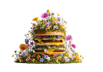 Appetizing burger with flowers on a transparent background for designers, marketers and IT professionals. Popular illustration, object, texture. Food, flowers, natural space for text.