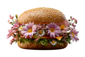 Appetizing burger with flowers on a transparent background for designers, marketers and IT professionals. Popular illustration, object, texture. Food, flowers, natural space for text.