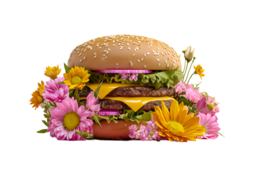 Appetizing burger with flowers on a transparent background for designers, marketers and IT professionals. Popular illustration, object, texture. Food, flowers, natural space for text.