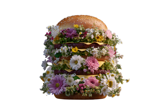 Appetizing burger with flowers on a transparent background for designers, marketers and IT professionals. Popular illustration, object, texture. Food, flowers, natural space for text.