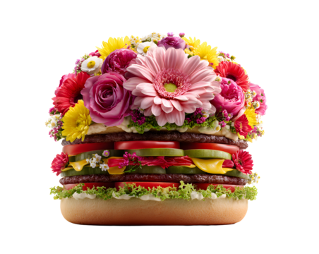 Appetizing burger with flowers on a transparent background for designers, marketers and IT professionals. Popular illustration, object, texture. Food, flowers, natural space for text.