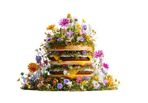 Appetizing burger with flowers on a transparent background for designers, marketers and IT professionals. Popular illustration, object, texture. Food, flowers, natural space for text.
