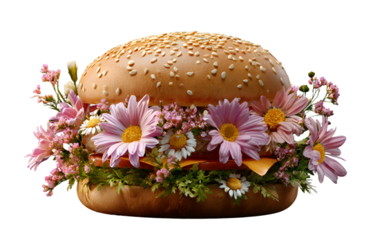 Appetizing burger with flowers on a transparent background for designers, marketers and IT professionals. Popular illustration, object, texture. Food, flowers, natural space for text.