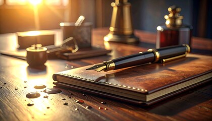 Elegant Fountain Pen Resting on Leather Bound Journal Inspiring Creativity and Professionalism with Warm Sunlight
