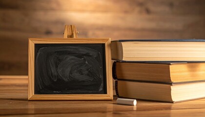 Vintage Blackboard and Stack of Old Books on Wooden Table Education Knowledge and Nostalgia