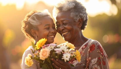 Joyful Black Grandmother and Granddaughter Share a Loving Moment with Flowers Outdoors at Sunset