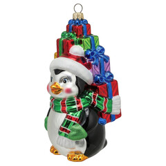 Cute glass penguin christmas ornament with presents and scarf, isolated on transparent background