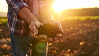 Farmer s Hands Holding Rich Soil at Sunset Symbolizing Agriculture and Sustainable Farming