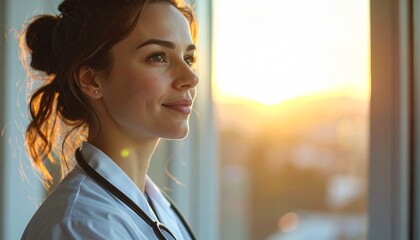 Hopeful Female Doctor Contemplating Future Success at Sunrise