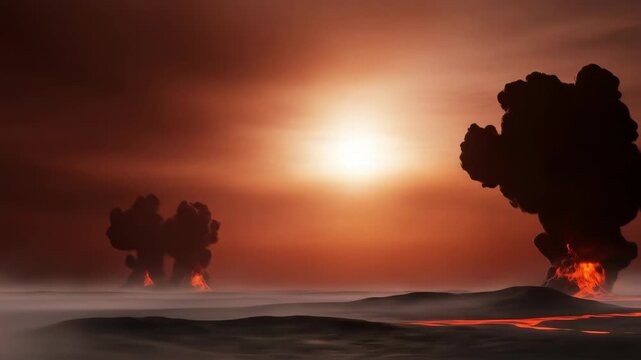 A volcanic landscape with eruptions, a bright sun, and smoky atmosphere